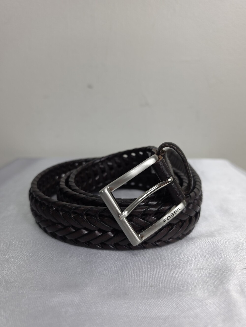 Fossil Men's Woven Leather Belt in Dark Brown with Silver Buckle